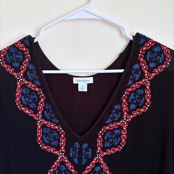 Sundance Embroidered Tunic Dress Medium Womens Floral Black Beach Cover Up - Picture 3 of 7